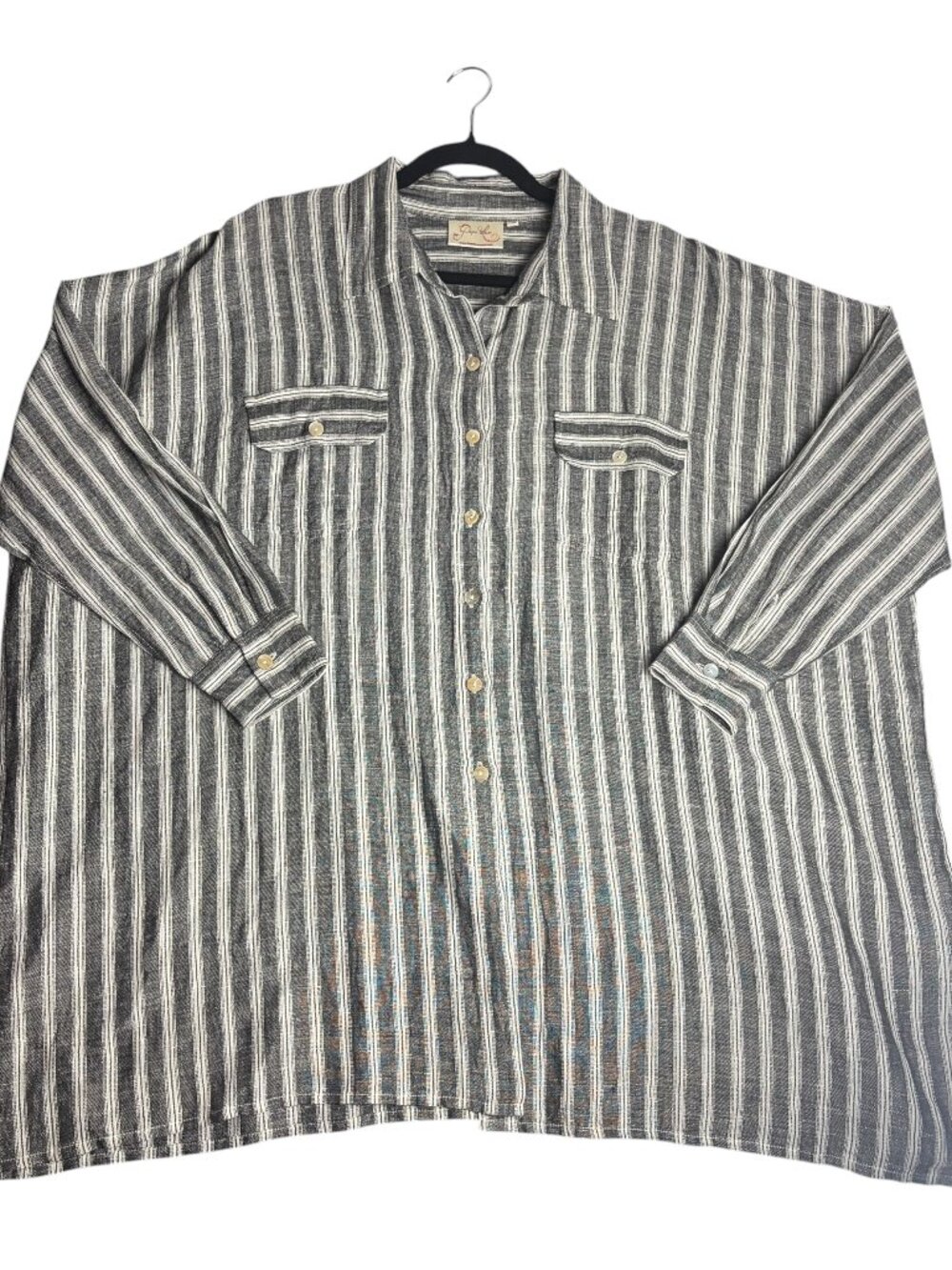 Paper Lace Oversized Pure Linen Button Front Stripes Grey Lagen Look Blouse Top